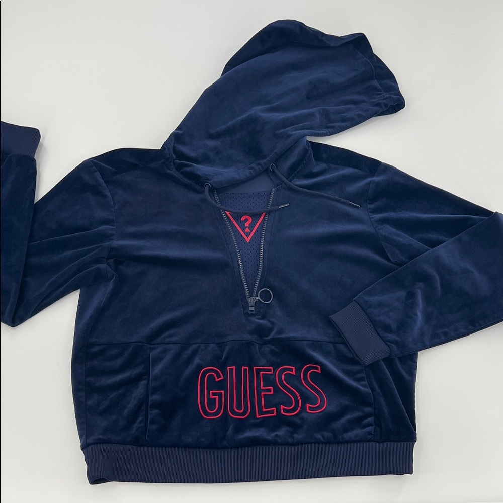 Guess Y2K Navy Blue Velvet Hoodie Sweatshirt Track Suit Top